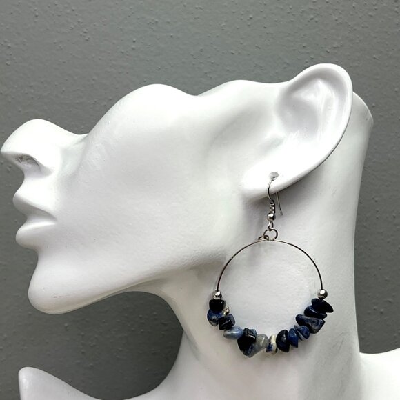 Hoop Earrings Blue Stone Chips Silver Tone Dangle Beaded - Picture 2 of 4